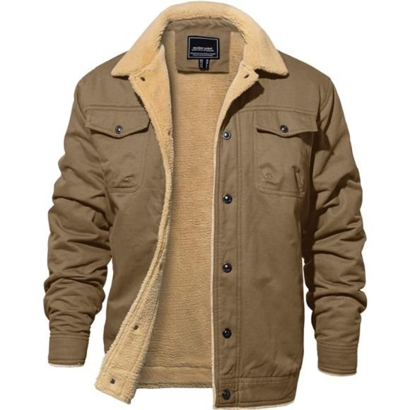 Men's Jacket Thick Thermal Winter Fleece Lined Lapel Cargo Jacket Khaki